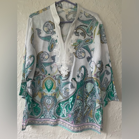 CHARTER CLUB LUXURY LINEN TUNIC BOHO HIP STYLISH BEAUTIFUL SOUCHE NECKLINE; XL - Picture 1 of 5